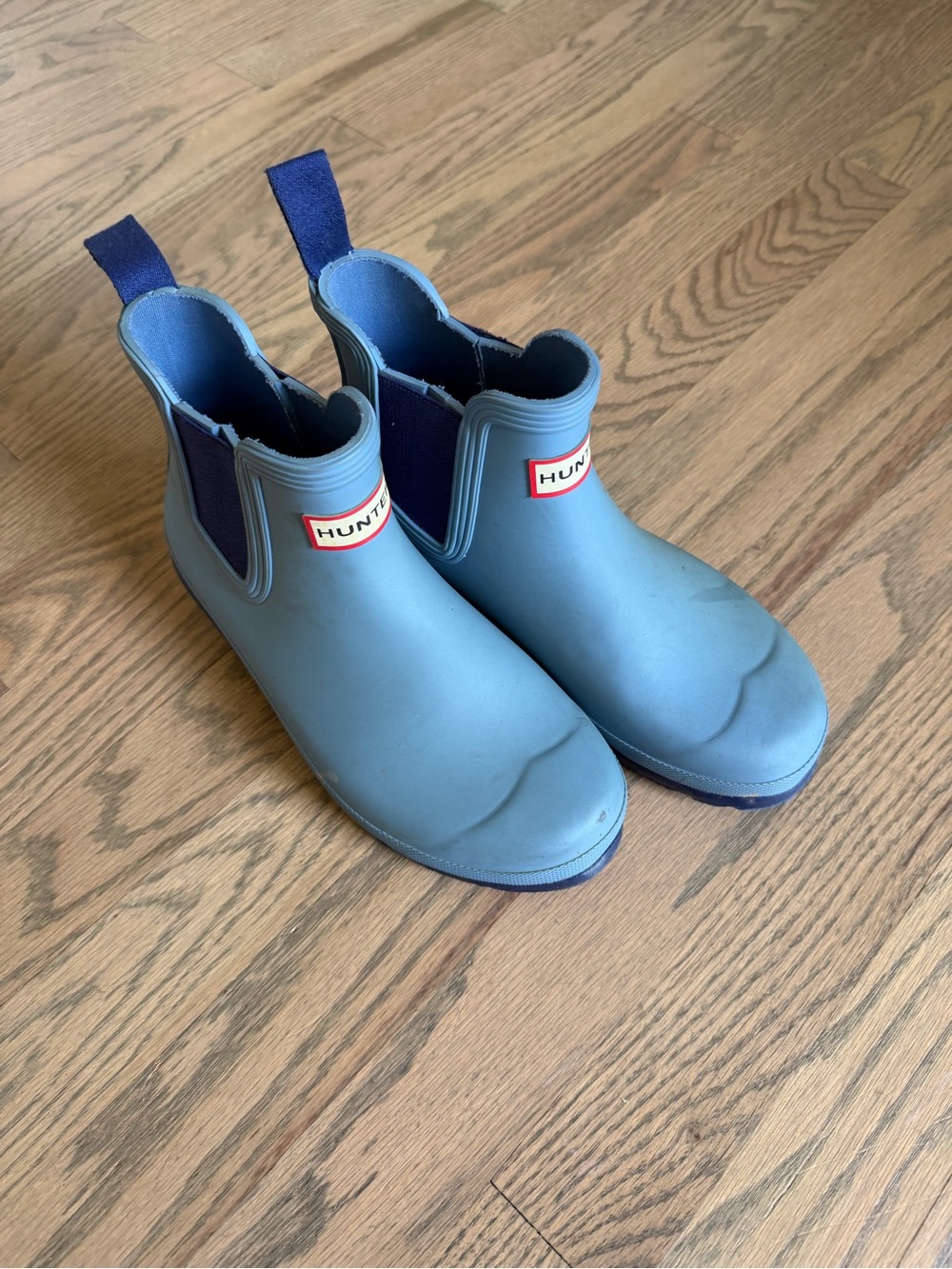 Hunter Light Blue Chelsea Rain Boots with Navy Pull Tabs